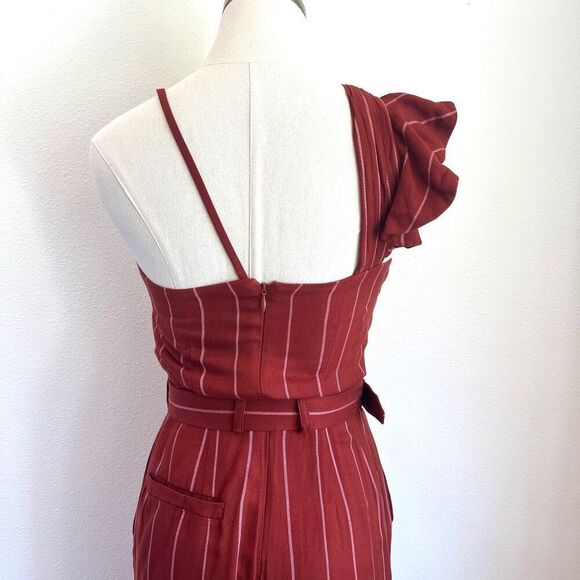 Three Floor Margaux Jumpsuit Rust Striped One-Shoulder Ruffle Belted Size 4 - Picture 8 of 15